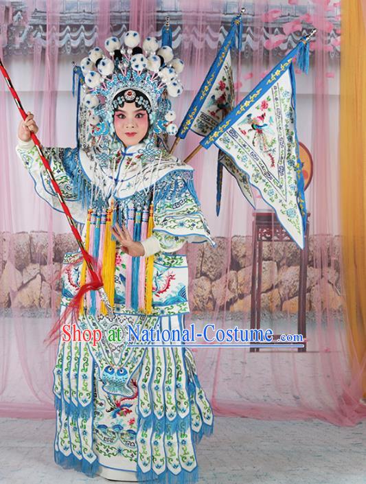 Chinese Beijing Opera Female General Costume White Embroidered Robe, China Peking Opera Blues Embroidery Gwanbok Clothing