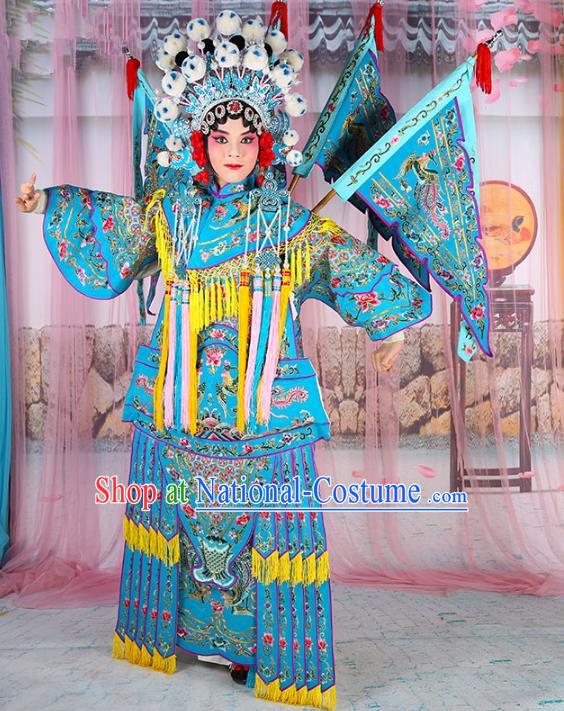 Chinese Beijing Opera Female General Costume Blue Embroidered Robe, China Peking Opera Blues Warrior Embroidery Gwanbok Clothing