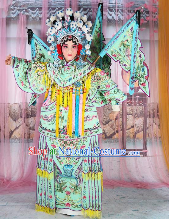 Chinese Beijing Opera Female General Costume Light Green Embroidered Robe, China Peking Opera Blues Warrior Embroidery Gwanbok Clothing