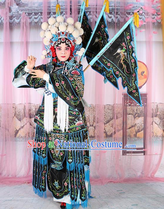 Chinese Beijing Opera Female General Costume Black Embroidered Robe, China Peking Opera Blues Warrior Embroidery Gwanbok Clothing