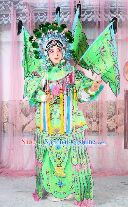 Chinese Beijing Opera Female General Costume Embroidered Green Armour, China Peking Opera Blues Embroidery Gwanbok Clothing