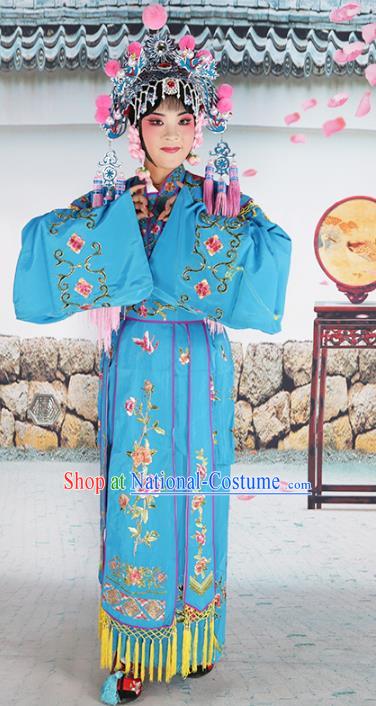 Chinese Beijing Opera Nobility Lady Embroidered Blue Costume, China Peking Opera Actress Embroidery Clothing