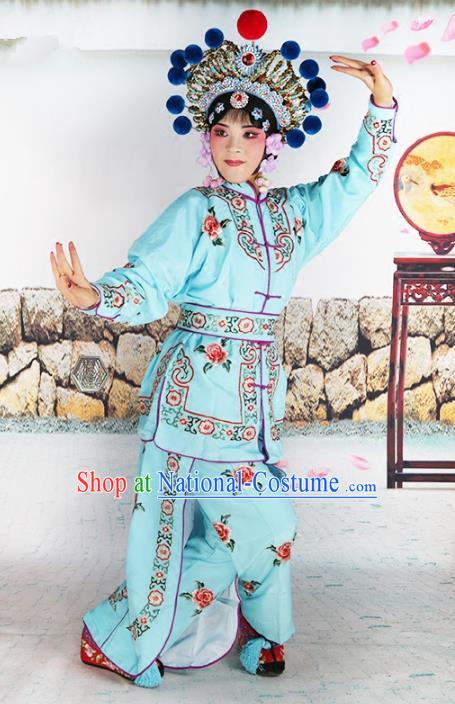 Chinese Beijing Opera Warrior Embroidered Blue Costume, China Peking Opera Blues Embroidery Clothing