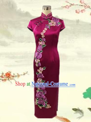 Traditional Chinese National Costume Mandarin Qipao, Tang Suit Chirpaur Embroidered Rosy Silk Cheongsam Clothing for Women