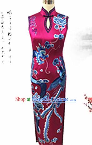 Traditional Chinese National Costume Rosy Mandarin Qipao, Tang Suit Embroidered Peony Chirpaur Silk Cheongsam Clothing for Women