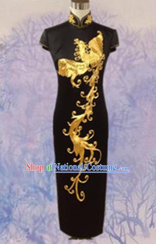 Traditional Chinese National Costume Black Mandarin Qipao, Tang Suit Embroidered Phoenix Chirpaur Silk Cheongsam Clothing for Women