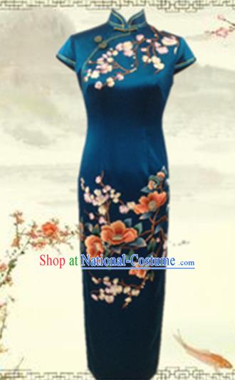 Traditional Chinese National Costume Atrovirens Mandarin Qipao, Tang Suit Embroidered Peony Chirpaur Silk Cheongsam Clothing for Women