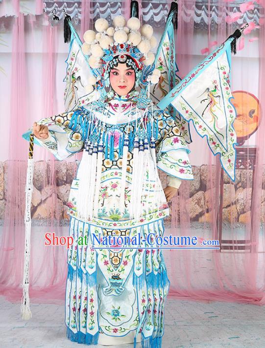 Chinese Beijing Opera Female General Costume White Embroidered Robe, China Peking Opera Blues Warrior Embroidery Gwanbok Clothing