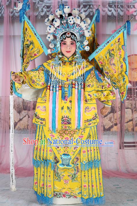 Chinese Beijing Opera Female General Costume Yellow Embroidered Robe, China Peking Opera Blues Warrior Embroidery Gwanbok Clothing