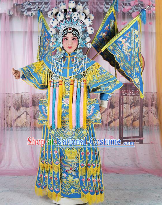 Chinese Beijing Opera Female Swordplay Blue Embroidered Costume, China Peking Opera Blues Embroidery Gwanbok Clothing