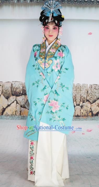 Chinese Beijing Opera Diva Princess Blue Embroidered Costume, China Peking Opera Actress Embroidery Clothing