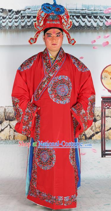 Chinese Beijing Opera Niche Costume Red Embroidered Robe, China Peking Opera Scholar Embroidery Clothing