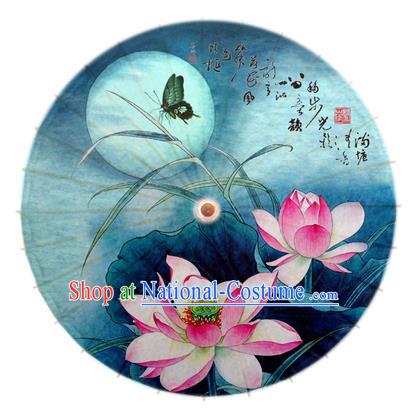 Asian China Dance Umbrella Stage Performance Umbrella Hand Painting Lotus Blue Oil-paper Umbrellas