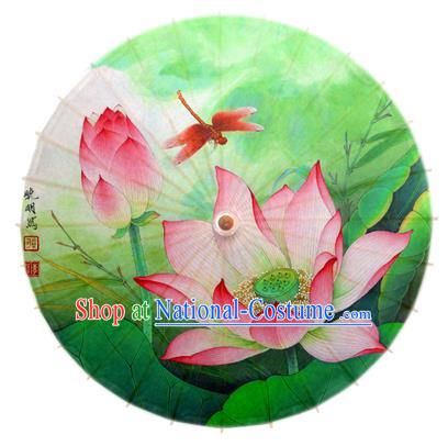 Asian China Dance Umbrella Stage Performance Umbrella Hand Ink Painting Lotus Dragonfly Green Oil-paper Umbrellas