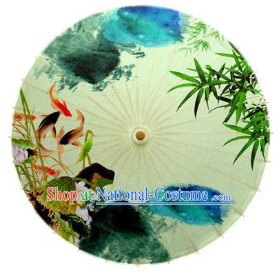 Asian China Dance Umbrella Stage Performance Umbrella Hand Ink Painting Fish Bamboo Green Oil-paper Umbrellas