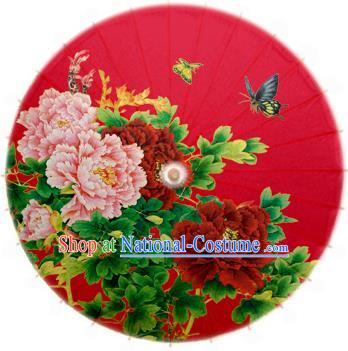 Asian China Dance Handmade Umbrella Stage Performance Wedding Umbrella Printing Peony Red Oil-paper Umbrellas