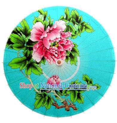 Asian China Dance Handmade Umbrella Stage Performance Umbrella Printing Peony Blue Oil-paper Umbrellas