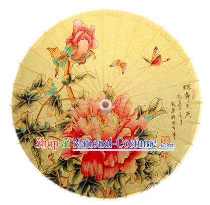 Asian China Dance Handmade Umbrella Stage Performance Umbrella Printing Peony Yellow Oil-paper Umbrellas