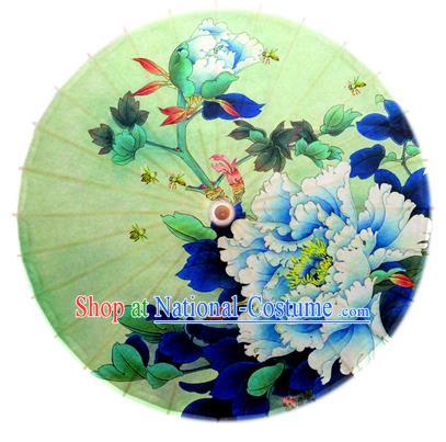 Asian China Dance Handmade Umbrella Stage Performance Umbrella Printing Blue Peony Oil-paper Umbrellas