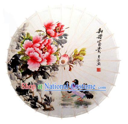 Asian China Dance Handmade Umbrella Stage Performance Umbrella Printing Peony Mandarin Duck Oil-paper Umbrellas