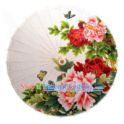 Asian China Dance Handmade Umbrella Stage Performance Umbrella Printing Peony Flowers White Oil-paper Umbrellas