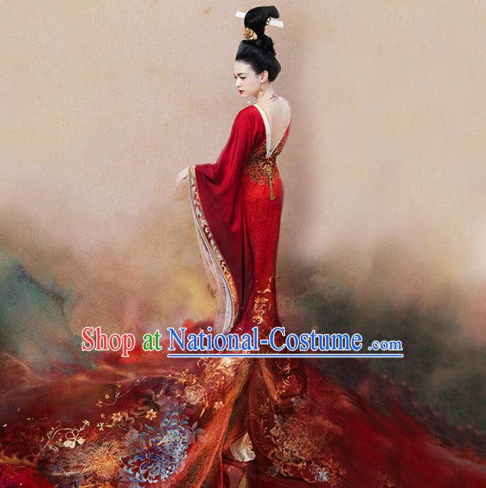 Traditional Chinese Ancient Tang Dynasty Imperial Empress Embroidered Trailing Costume and Headpiece Complete Set