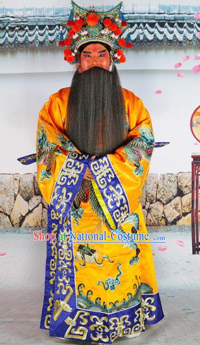 Chinese Beijing Opera Prime Minister Costume Yellow Embroidered Robe, China Peking Opera Officer Embroidery Clothing