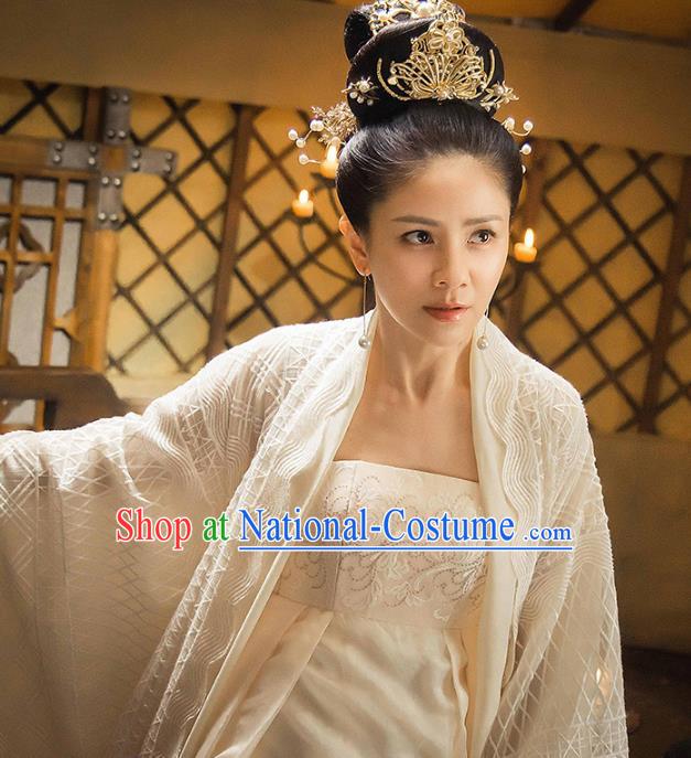 Traditional Chinese Ancient Tang Dynasty Palace Lady Embroidered Costume and Headpiece Complete Set