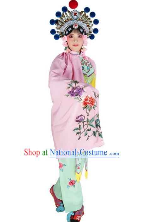 Chinese Beijing Opera Female Soldier Costume Embroidered Pink Short Cloak, China Peking Opera Blues Embroidery Mantle Clothing