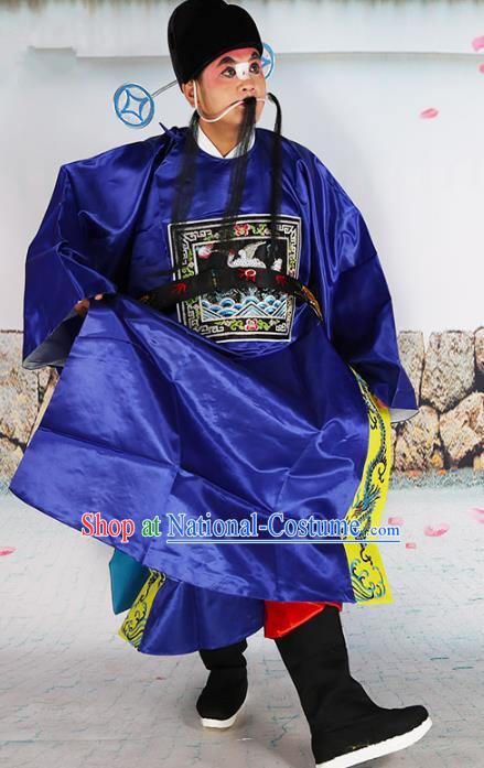 Chinese Beijing Opera County Magistrate Costume Blue Embroidered Robe, China Peking Opera Officer Embroidery Clothing