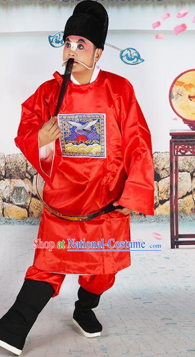 Chinese Beijing Opera Magistrate Costume Red Embroidered Robe, China Peking Opera Officer Embroidery Clothing