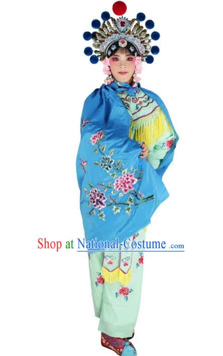 Chinese Beijing Opera Female Soldier Costume Embroidered Blue Short Cloak, China Peking Opera Blues Embroidery Mantle Clothing