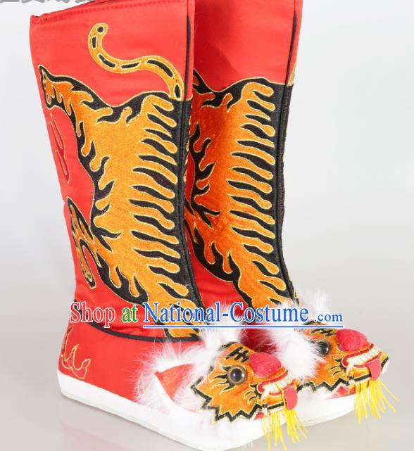 Chinese Beijing Opera Emperor Red Embroidered Boots, China Peking Opera Takefu Embroidery Tiger Shoes