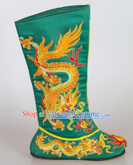 Chinese Beijing Opera Emperor Green Embroidered Boots, China Peking Opera Takefu Embroidery Dragons Shoes