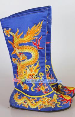 Chinese Beijing Opera Emperor Blue Embroidered Boots, China Peking Opera Takefu General Embroidery Dragons Shoes