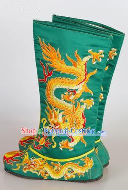 Chinese Beijing Opera Emperor Green Embroidered Boots, China Peking Opera Takefu General Embroidery Dragons Shoes