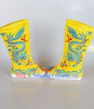 Chinese Beijing Opera Emperor Yellow Embroidered Boots, China Peking Opera Takefu General Embroidery Dragons Shoes