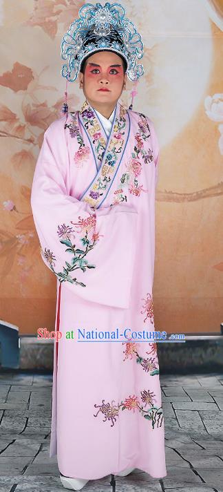 Chinese Beijing Opera Niche Costume Pink Embroidered Robe, China Peking Opera Scholar Embroidery Chrysanthemum Clothing