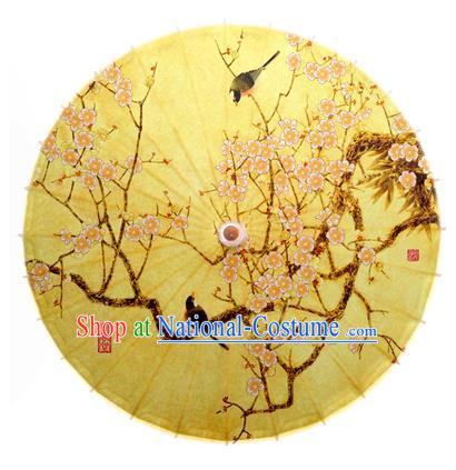 China Traditional Dance Handmade Umbrella Ink Painting Plum Blossom Birds Yellow Oil-paper Umbrella Stage Performance Props Umbrellas