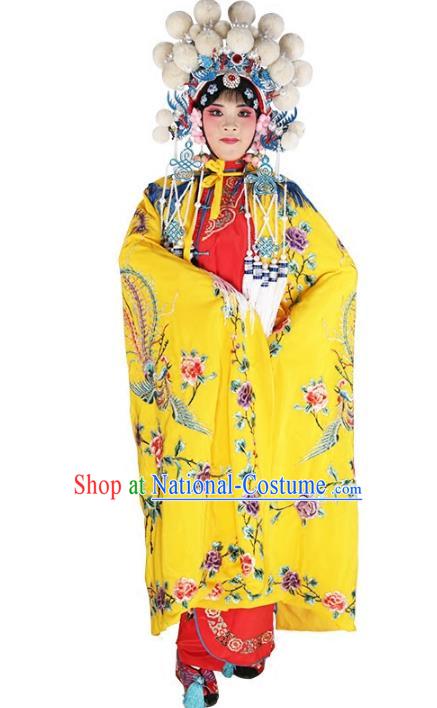 Chinese Beijing Opera Female Soldier Costume Embroidered Yellow Cloak, China Peking Opera Blues Embroidery Mantle Clothing