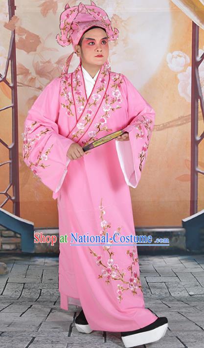 Chinese Beijing Opera Niche Costume Pink Embroidered Robe, China Peking Opera Scholar Embroidery Wintersweet Clothing