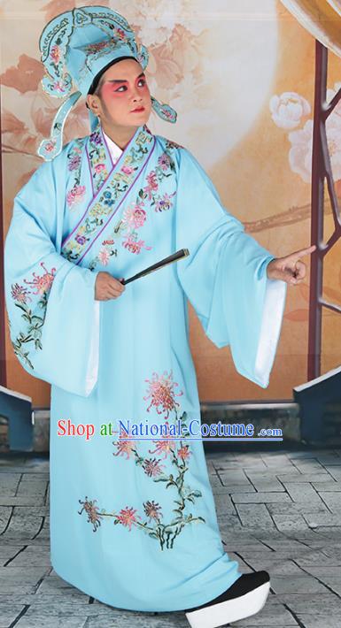 Chinese Beijing Opera Niche Costume Blue Embroidered Robe, China Peking Opera Scholar Embroidery Chrysanthemum Clothing