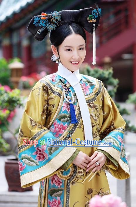 Traditional Chinese Ancient Qing Dynasty Manchu Imperial Empress Embroidered Costume and Headpiece Complete Set