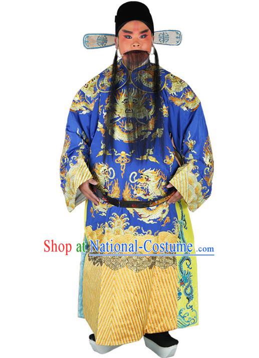 Chinese Beijing Opera Prime Minister Costume Blue Embroidered Robe, China Peking Opera Chancellor Embroidery Clothing