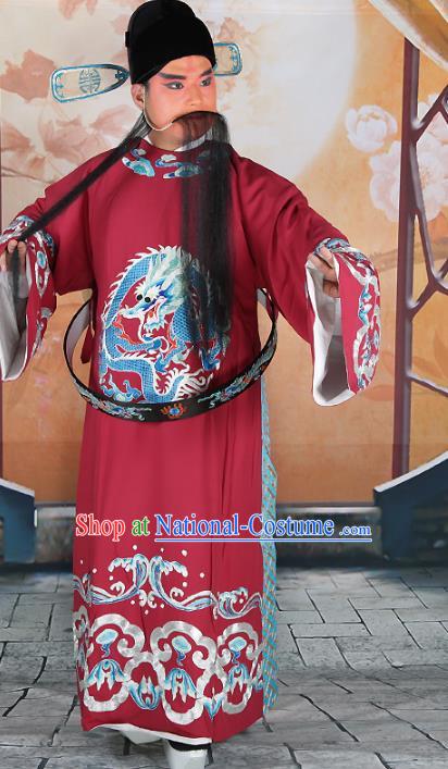 Chinese Beijing Opera Prime Minister Costume Purplish Red Embroidered Robe, China Peking Opera Chancellor Embroidery Clothing