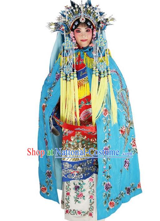 Chinese Beijing Opera Swordplay Lady Costume Embroidered Blue Cloak, China Peking Opera Blues Embroidery Mantle Clothing