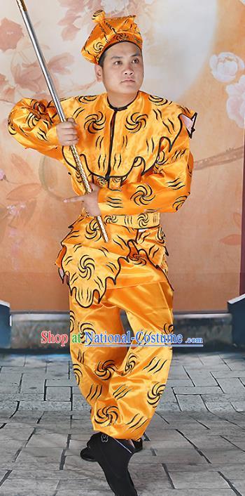 Chinese Beijing Opera Takefu Costume Yellow Embroidered Robe, China Peking Opera Monkey King Embroidery Clothing