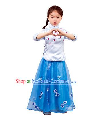 Traditional Chinese Ancient Republic of China Nobility Lady Costume Embroidered Blue Blouse and Skirt for Kids