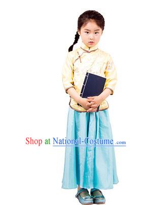 Traditional Chinese Ancient Republic of China Nobility Lady Costume Embroidered Blouse and Blue Skirt for Kids