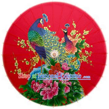 China Traditional Dance Handmade Umbrella Printing Peacock Prony Red Oil-paper Umbrella Stage Performance Props Umbrellas